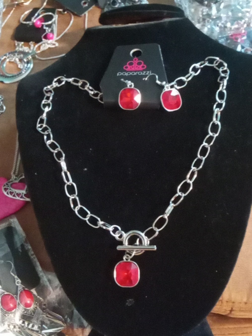 paparazzi Silver Chain Necklace and Earring Set - Red Stones